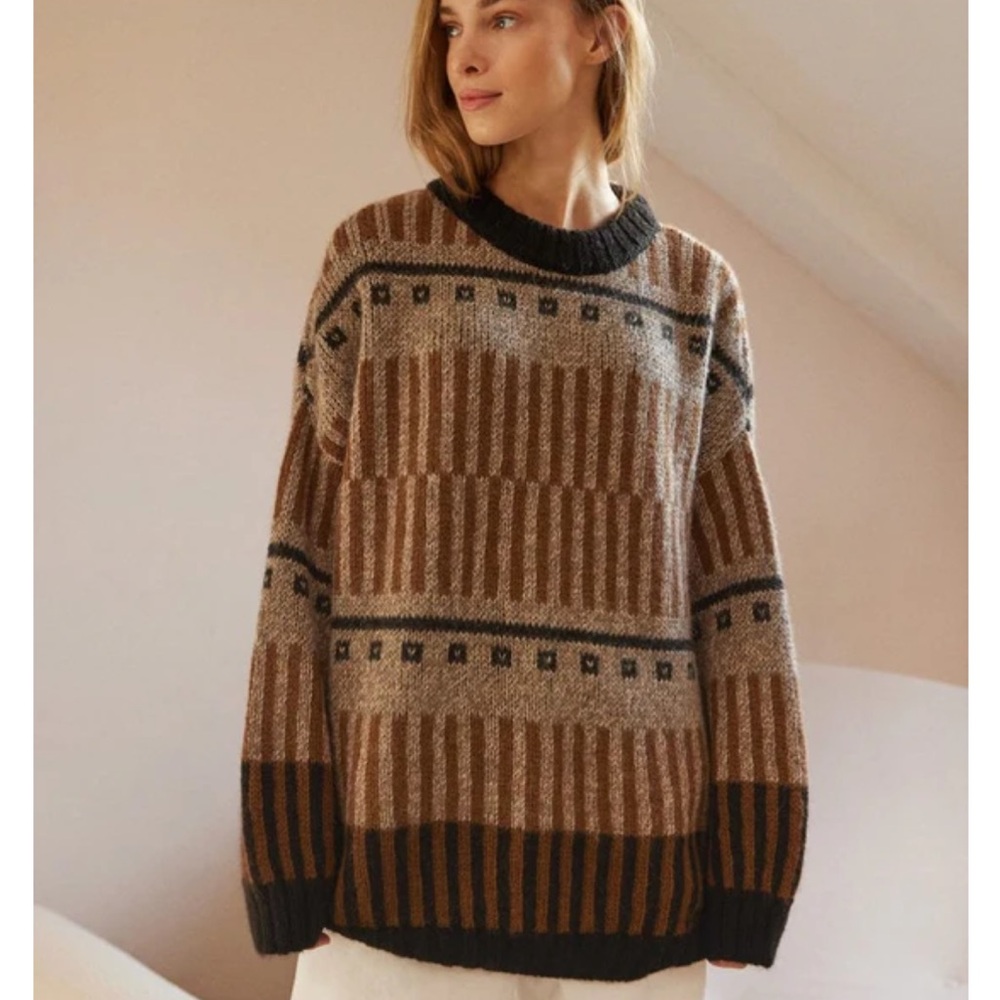Knotty ones ethno brown alpaca wool sweater oversized fit 80’s inspired EUC